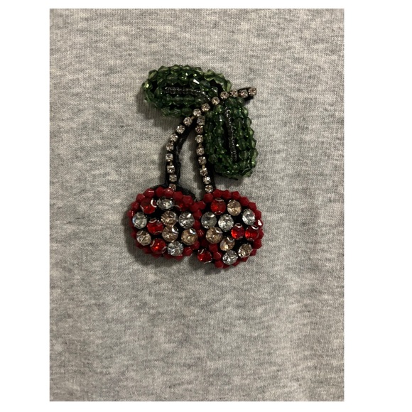 H&M Rhinestone Bead Cherry Appliqué Crew Neck Sweatshirt Lt Gray Melange Sz S - Picture 2 of 15